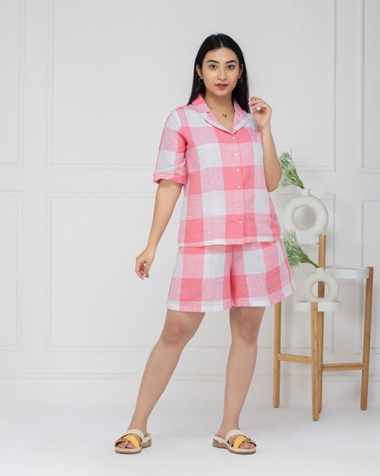 Women Blush Pink Check Comfort Linen Shorts