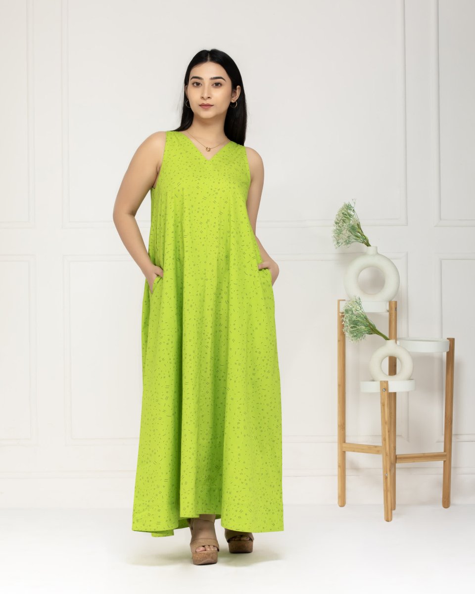 Women Fresh Lime Cotton Maxi Dress