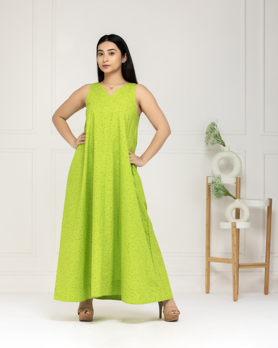 Women Fresh Lime Cotton Maxi Dress